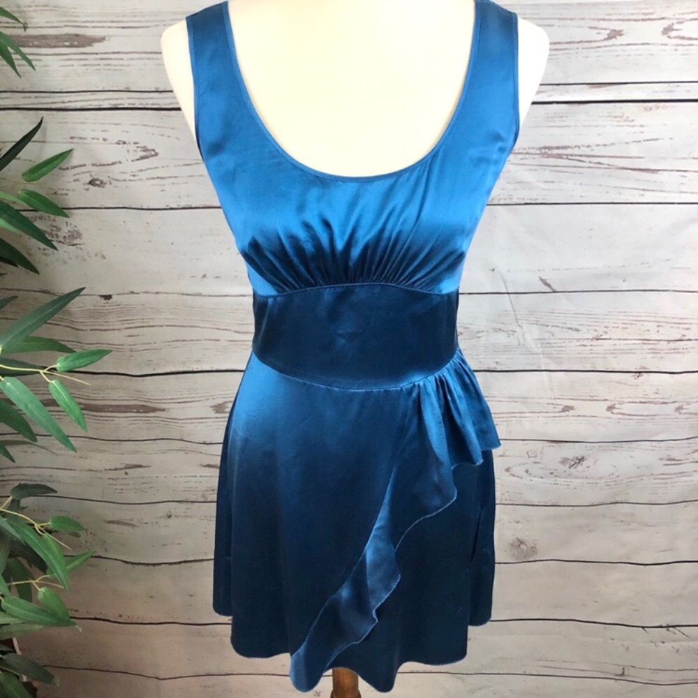 Sapphire Blue Silk Asymmetrical Ruffle Dress - Picture 2 of 6